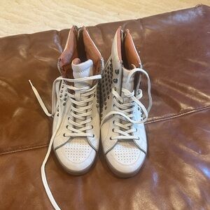Rebecca Minkoff White High-Top Studded Sneakers with Pink Lining